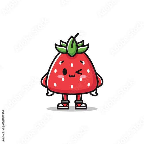 Cute cartoon strawberry character winking with a happy expression.