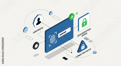 Isometric Illustration of Cybersecurity Authentication with Fingerprint and Password Protection.