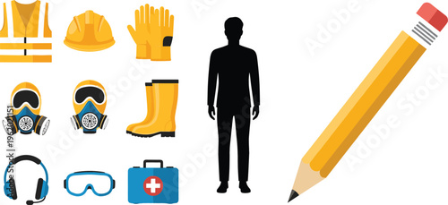Safety equipment and tools collection with helmet, gloves, mask, boots, headset and pencil, vector illustration for construction, protection and industrial design projects