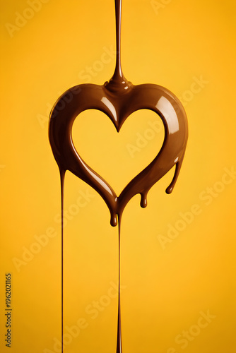 Heart Shaped Chocolate Drip on Yellow Background, Minimal Creative Food Concept with Copy Space