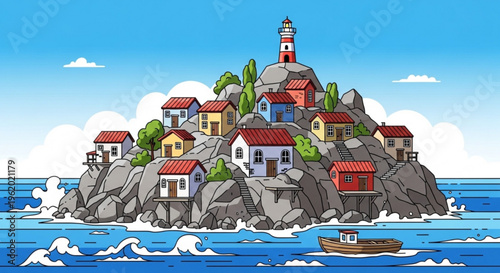 Colorful island village with lighthouse on rocky cliffside surrounded by ocean waves and blue sky