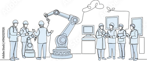 industrial robot arm and workers in factory