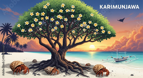 Hermit Crabs Gathering Under a Flowering Tree on a Tropical Beach.