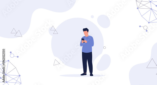 Man Using Smartphone with Abstract Geometric Network Background