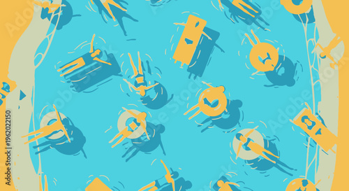 Endless, seamless pattern depicting people swimming in clear water, seen from above. Vacationers floating on pool rafts and inflatable rings, enjoying a sunny day at the beach. Flat design vector illu