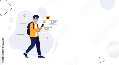 Young man walking with backpack and smartphone, digital information flow