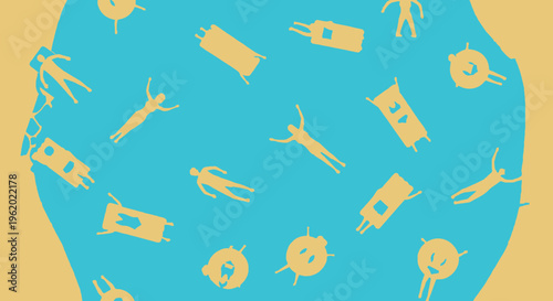 Endless, seamless pattern depicting people swimming in clear water, seen from above. Vacationers floating on pool rafts and inflatable rings, enjoying a sunny day at the beach. Flat design vector illu