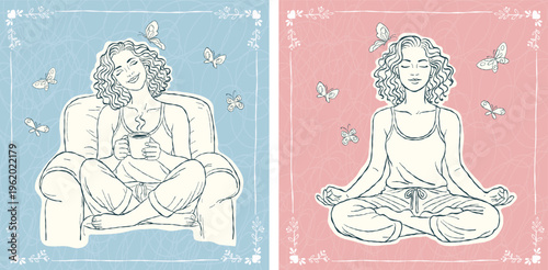 A handdrawn  illustration set with two peaceful lifestyle moments: a woman enjoying a warm cup of coffee and a woman meditating in a relaxed pose for wellness, lifestyle, and relaxation concepts