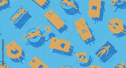 Seamless repeatable pattern of people floating on inflatable circles and air mattresses in a swimming pool during summer. Top view composition showing tourists playing with a ball in a water park. Bri