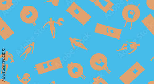 Seamless repeatable pattern of people floating on inflatable circles and air mattresses in a swimming pool during summer. Top view composition showing tourists playing with a ball in a water park. Bri