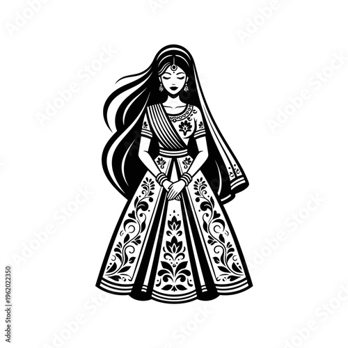 Elegant Indian Woman in Traditional Attire with Floral Patterns.