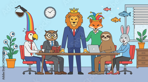 Surreal crazy office meeting concept with diverse animal head characters in chaotic corporate culture