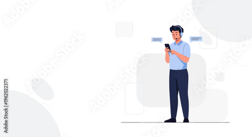 Customer service agent with headset using smartphone for communication, chat bubbles
