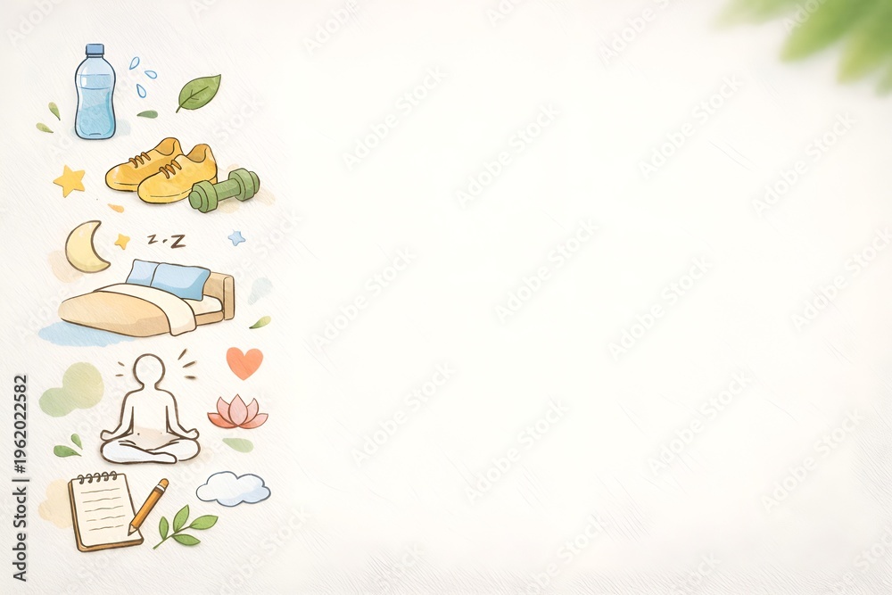 Obraz premium 人物不在 健康習慣手書きチェックリスト 自宅朝 穏やか / No People Health Habit Checklist Home Morning Calm