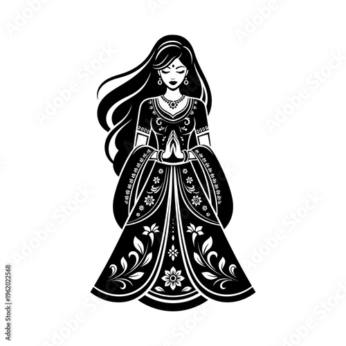 Elegant Indian Woman in Traditional Dress with Namaste Gesture.