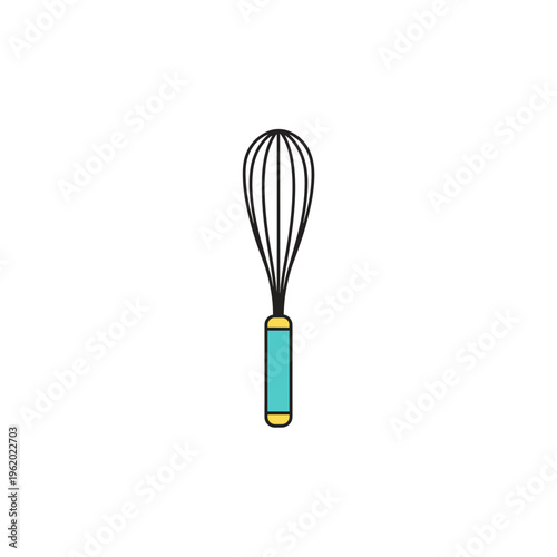 A simple cartoon illustration of a kitchen whisk with a turquoise handle.