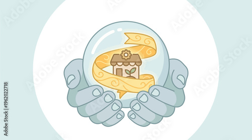 Hands holding crystal ball with small green business shop concept of startup protection and vision