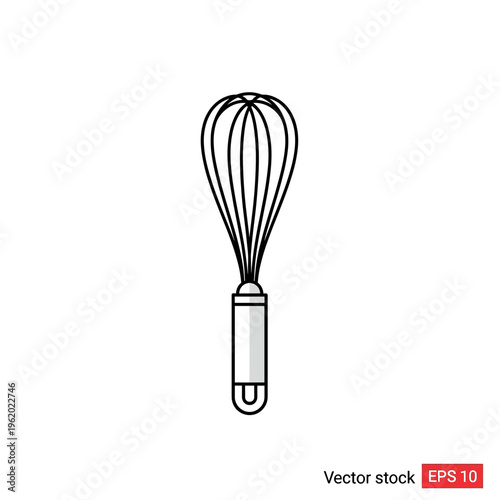 A black and white line art illustration of a kitchen whisk with a handle.