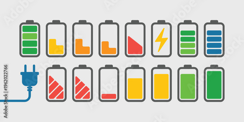 battery level indicator icon set, charging status symbols collection, power energy icons, full low empty battery signs, mobile device charge concept, clean minimal vector illustration.