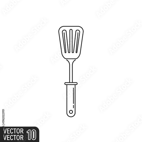 A simple line art icon of a slotted spatula, a common kitchen utensil for cooking and serving food.