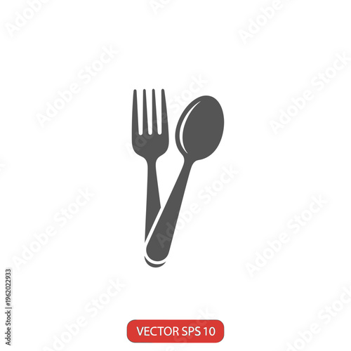 Simple graphic icon of a dark grey fork and spoon overlapping on a white background, representing cutlery or a dining establishment.