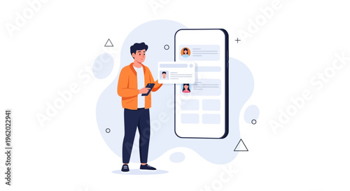 Man using smartphone with social media app, digital communication concept