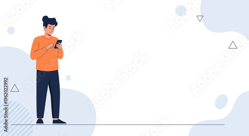Young man using smartphone, modern flat design, copy space for text