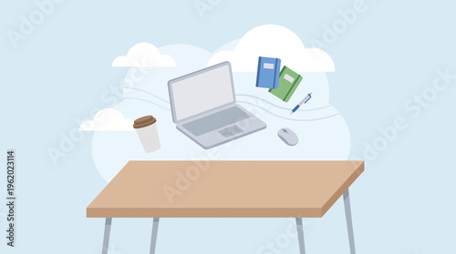 Remote work concept with minimalist floating laptop and office supplies above desk in clouds
