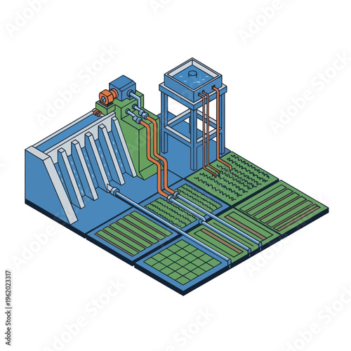 3D Rendering of Industrial Water Treatment Plant.