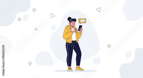 Young woman with headphones texting on smartphone, message icon, modern flat illustration