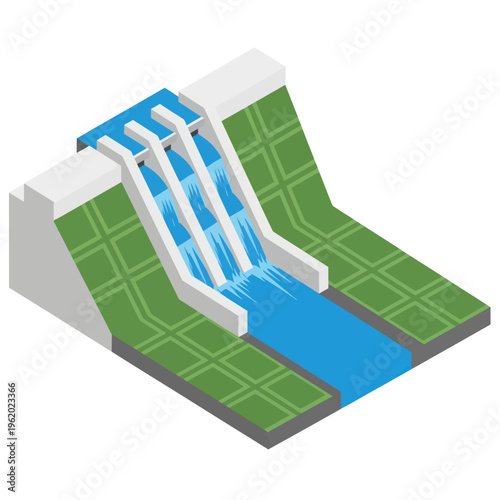 3D Illustration of Water Flowing Down Locks.