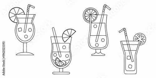 Line drawing of four different cocktail glasses with fruit garnishes