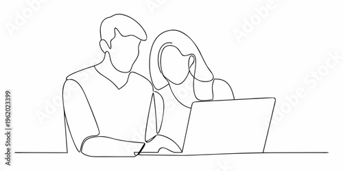 A couple looks at a laptop screen in a continuous line drawing