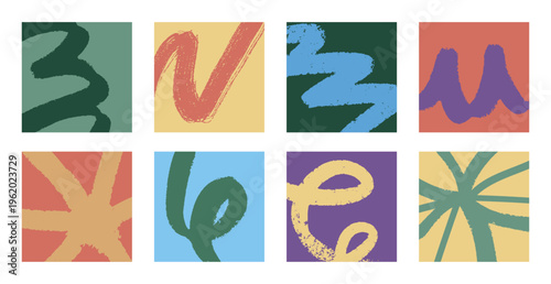Abstract minimalist squares set with hand drawn crayons strokes. Mixed templates with paint textures and wavy lines.