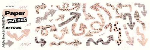 Set of paper cut out arrows with various hand-drawn textures and patterns. Includes scribbles, dots, wavy lines, and grid textures. Expressive torn pointers in the scrapbook collage style.