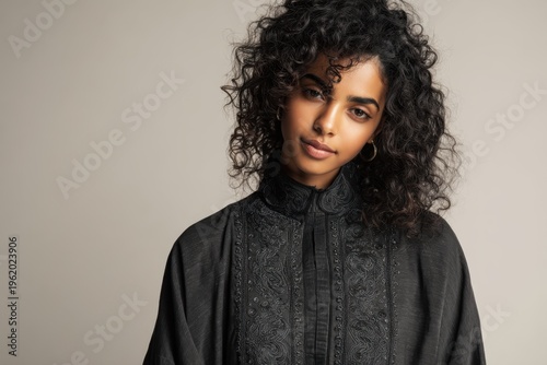 Woman with dark curly hair posing in a studio for a portrait
