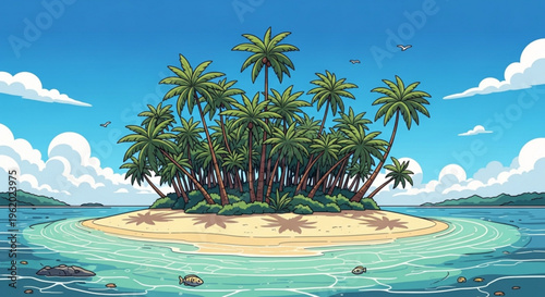 Tropical island with palm trees on sandy beach surrounded by turquoise ocean and blue sky