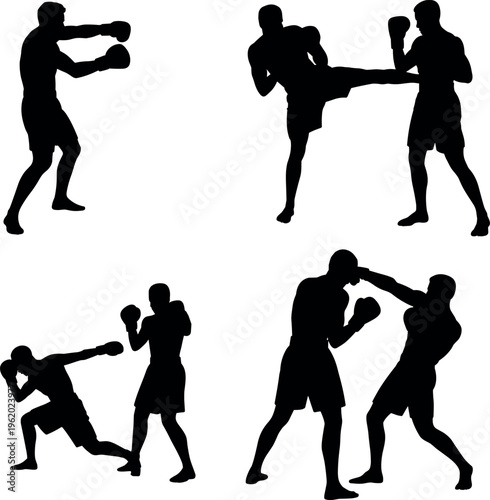 Boxing fighters silhouette collection with punching and kicking actions isolated black vector illustration for combat sport, training and fitness design
