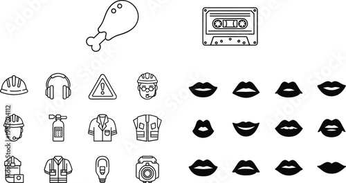 Minimal line icon set featuring construction safety equipment, audio cassette, chicken drumstick and lips symbols isolated on clean background vector illustration
