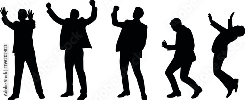 Business people celebrating silhouette set of men expressing success, victory and excitement isolated black vector illustration for achievement and motivation concept