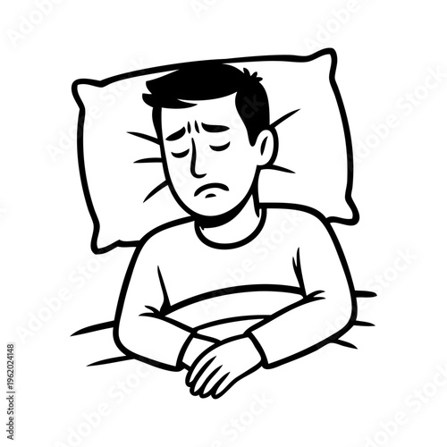 Dibujo sencillo con líneas de un hombre enfermo acostado en la cama 