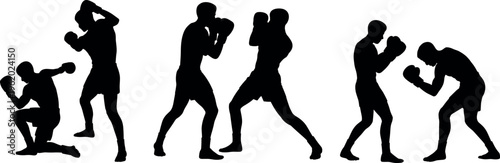 Boxing athletes silhouette set of fighters training and sparring poses isolated black vector illustration for sport, fitness and combat concept