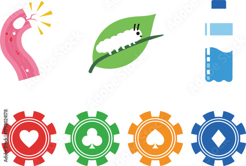 Mixed concept icons with injury wound, caterpillar on leaf, water bottle and playing card suit gears, vector illustration for health, nature and design projects