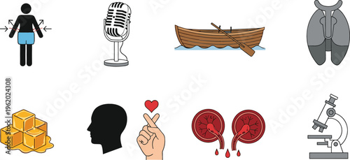 Mixed concept icons with pain figure, microphone, boat, lungs, gold bars, love gesture, kidneys and microscope, vector illustration for health, science and lifestyle design projects