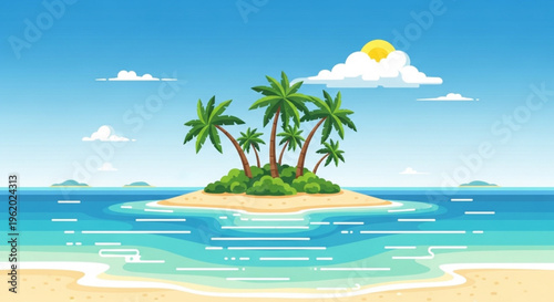 Tropical island with palm trees on sandy beach surrounded by turquoise ocean and sunny sky