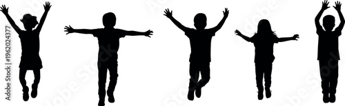 Children jumping silhouette set of happy kids with raised arms isolated black vector illustration for fun, freedom and childhood activity concept
