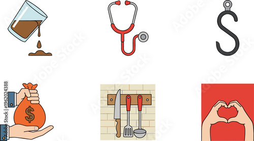 Mixed concept icons with spilled coffee, stethoscope, hook, money bag, kitchen utensils and love gesture, vector illustration for lifestyle, healthcare and everyday design projects