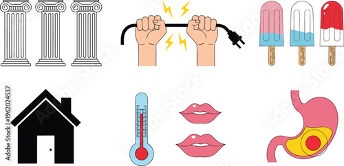 Mixed icon collection with classical columns, electricity concept, ice cream, house, thermometer, lips and stomach, vector illustration for lifestyle and design projects