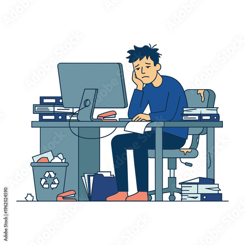 A stressed man sitting at a cluttered desk with papers and computer