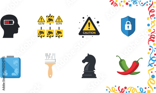Mixed icon collection with security, caution, shield, CCTV, paint brush, chess knight, chili peppers and decorative confetti frame, vector illustration for safety and design projects